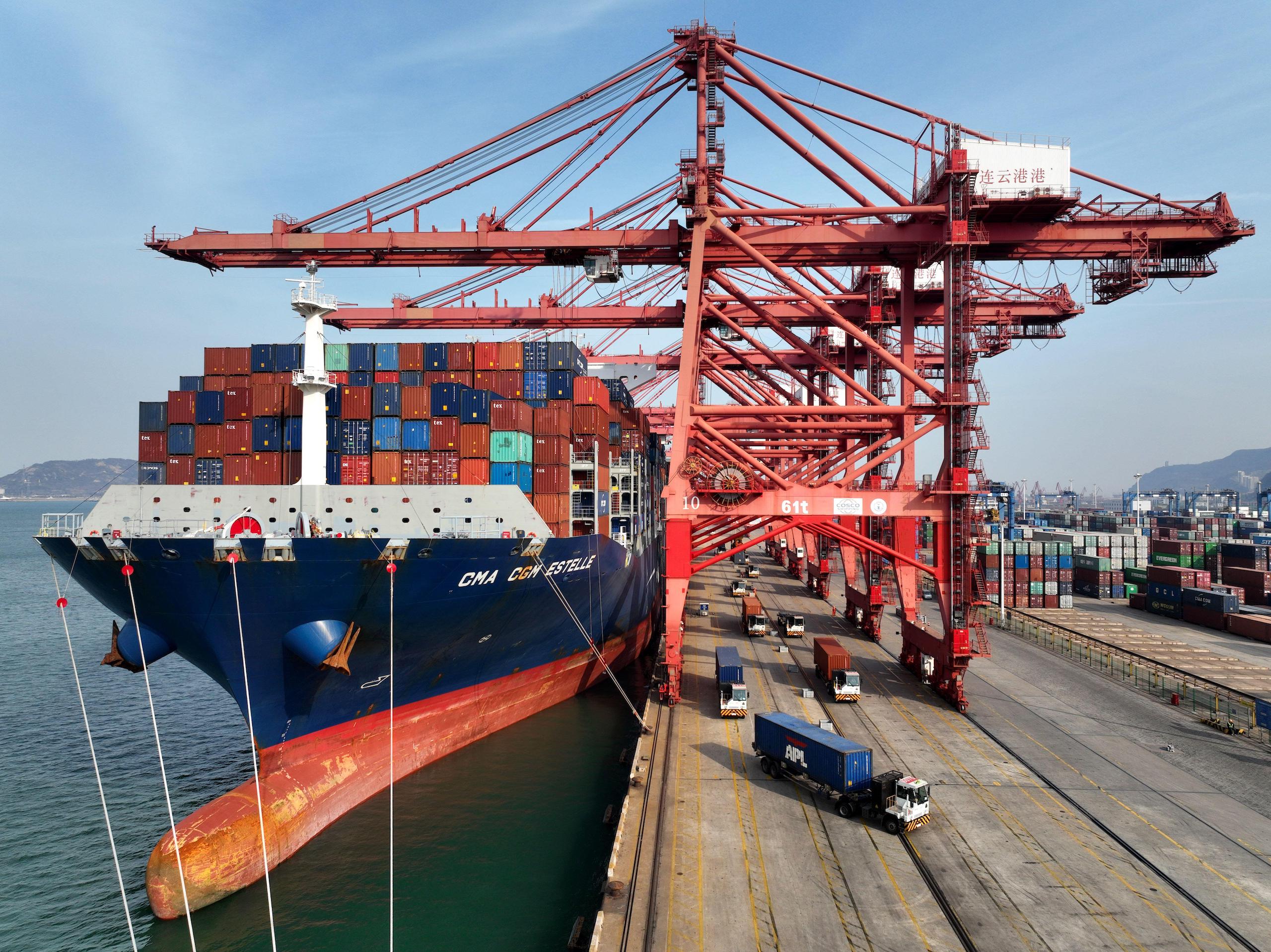 Busy port with containers and ships